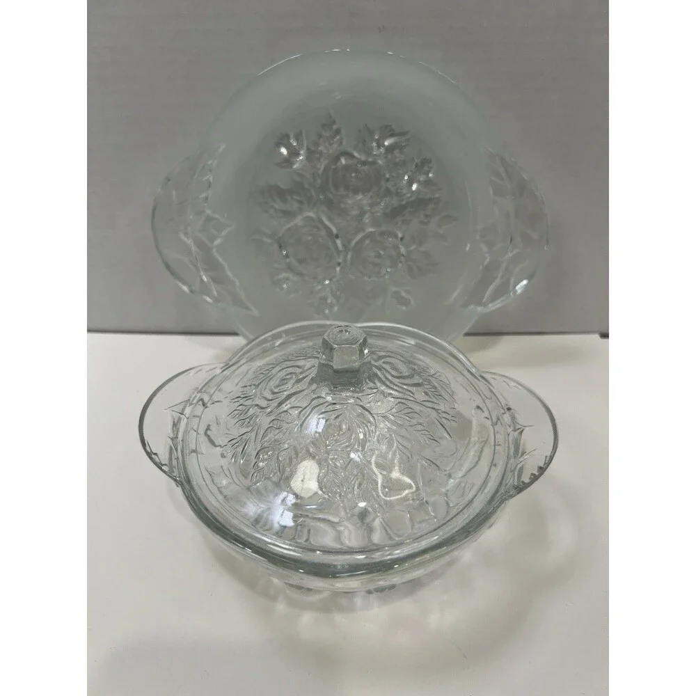 Vintage Pressed Roses Glass Candy  Dish Jar Lid 5 1/2” Underplate Frosted 8”